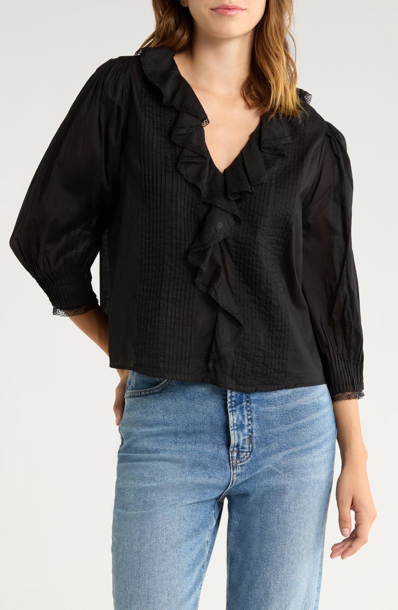Rails Mare Ruffle Cotton Button-Up Top, Main, color, Black