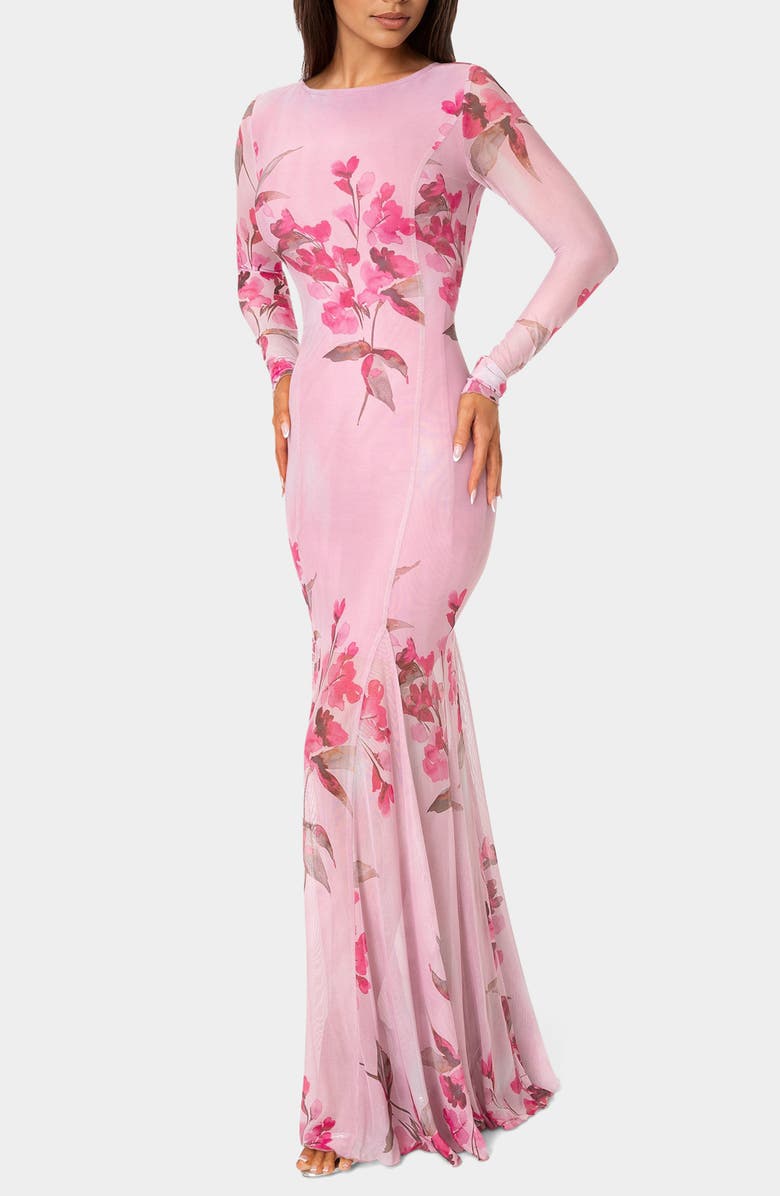 bebe Long Sleeve Powermesh Gown, Alternate, color, Pink / Multi