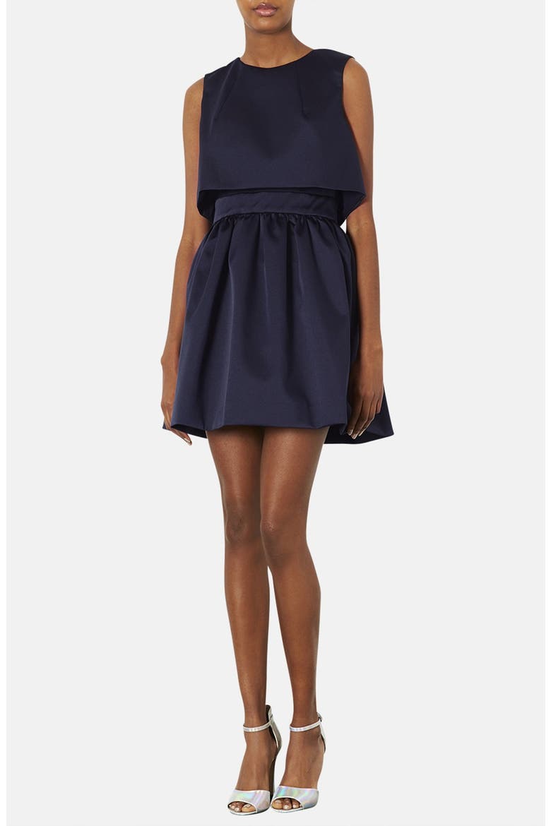 'Duchess' Crop Overlay Satin Skater Dress, Main, color, NAVY BLUE