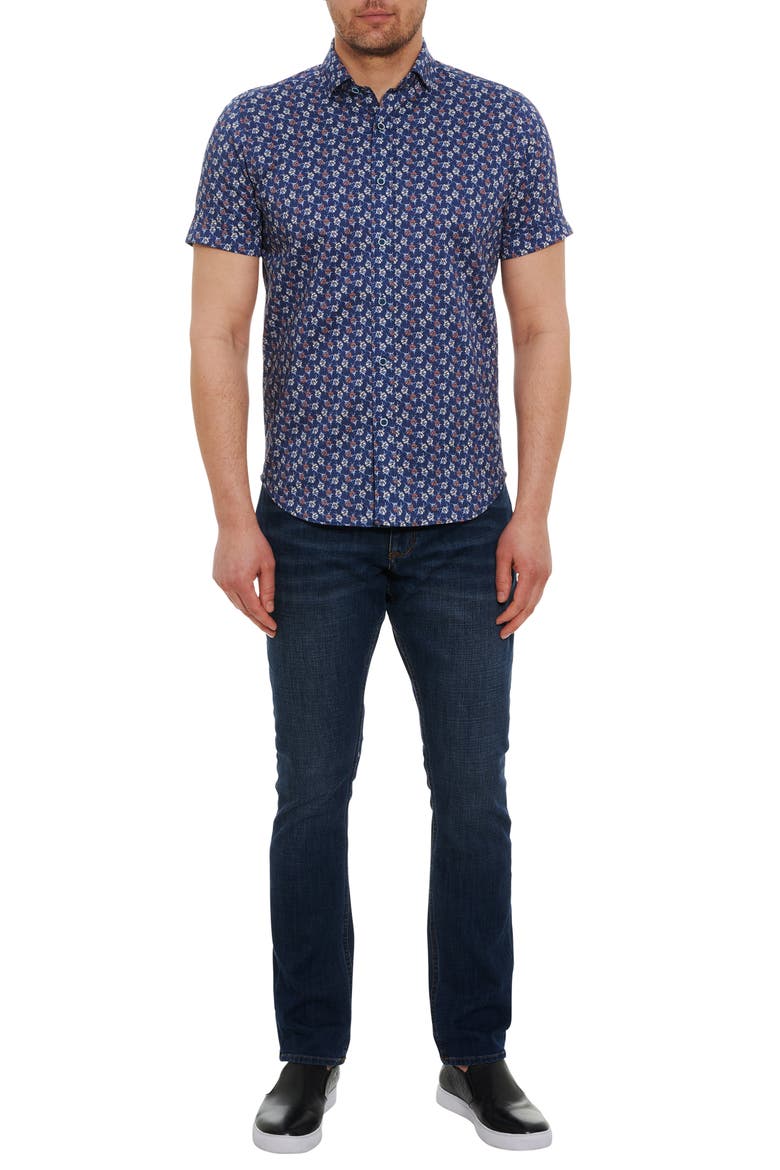 Floras Floral Print Short Sleeve Button-Up Shirt, Alternate, color, NAVY