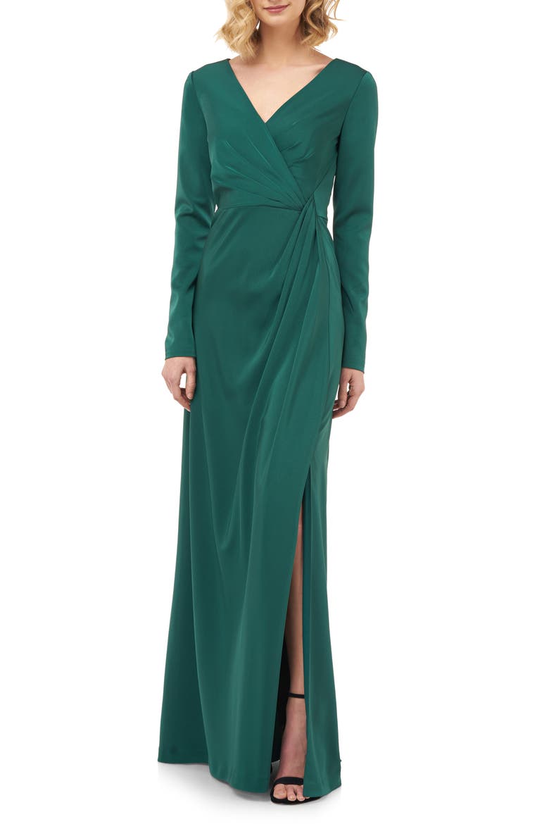 Adelina Long Sleeve Evening Gown, Main, color, EMERALD