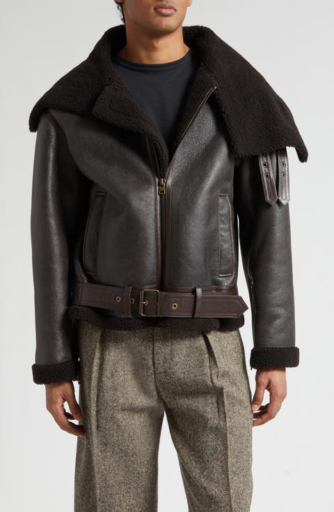 Belted Lambskin & Genuine Shearling Aviator Jacket