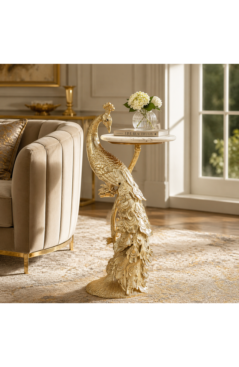 Expo Bazaar Side Table with Marble Top Peacock Sculpture Table, Alternate, color, Gold - 13X13.5x29.5"