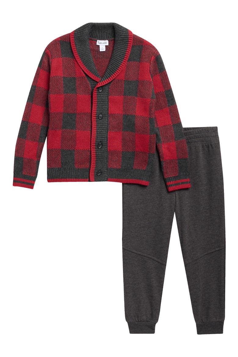 Kids' Grandpa Cardigan & Joggers Set, Main, color, RED BUFF CHECK