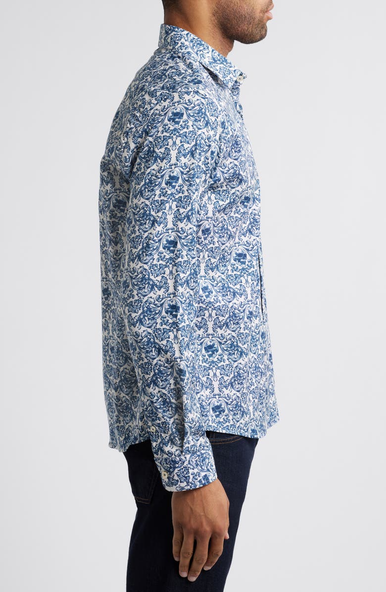 Stone Rose Fancy Skulls Button-Up Shirt, Alternate, color, Blue/Cream