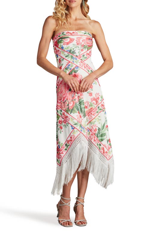 Tadashi Shoji Brette Floral Print Tassel Fringe Midi Dress In White/fuchsia Floral