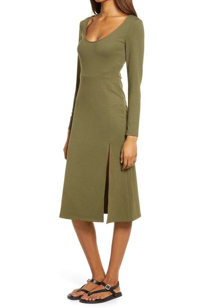 Long Sleeve Side Slit Midi Dress, Alternate, color, OLIVE NIGHT