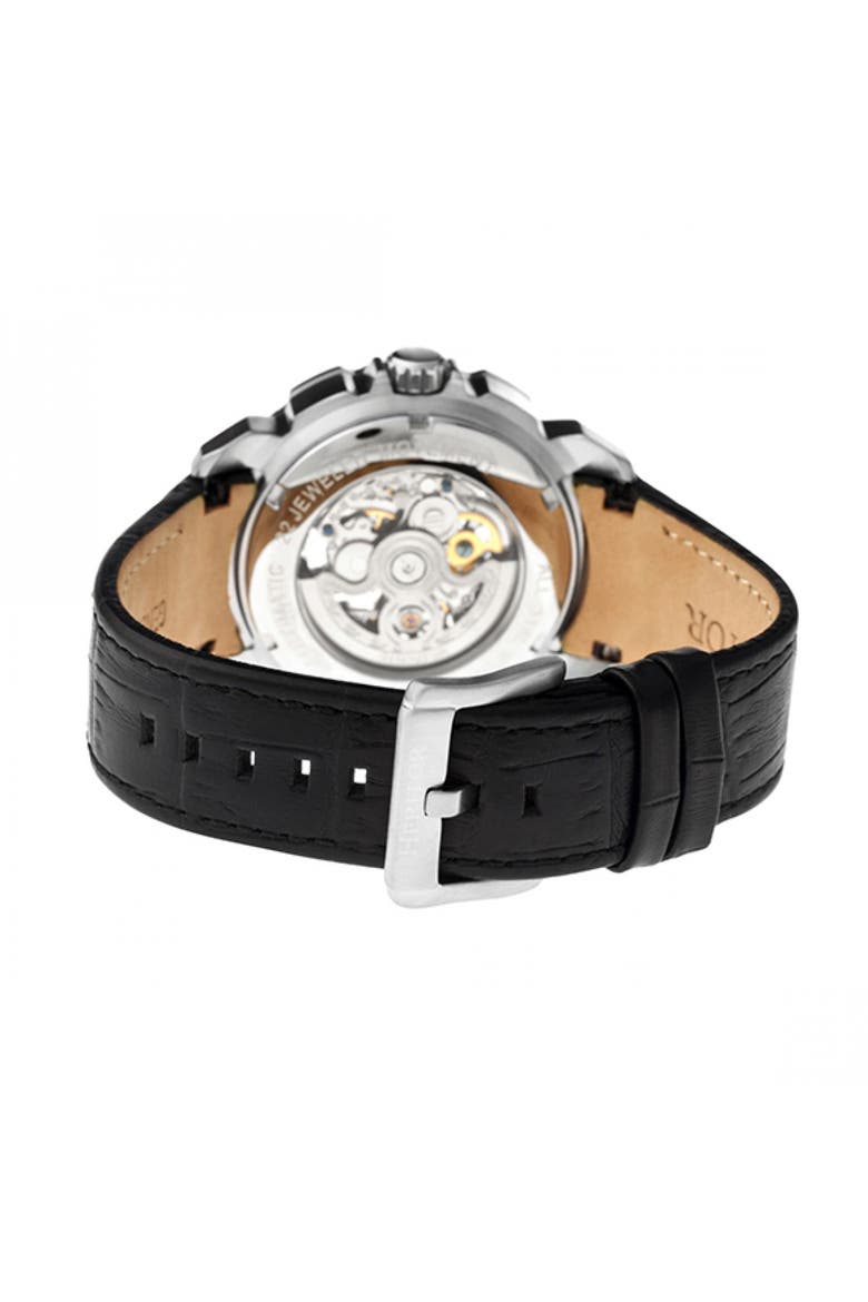 Conrad Skeleton Leather-Band Watch, Alternate, color, Silver/Black