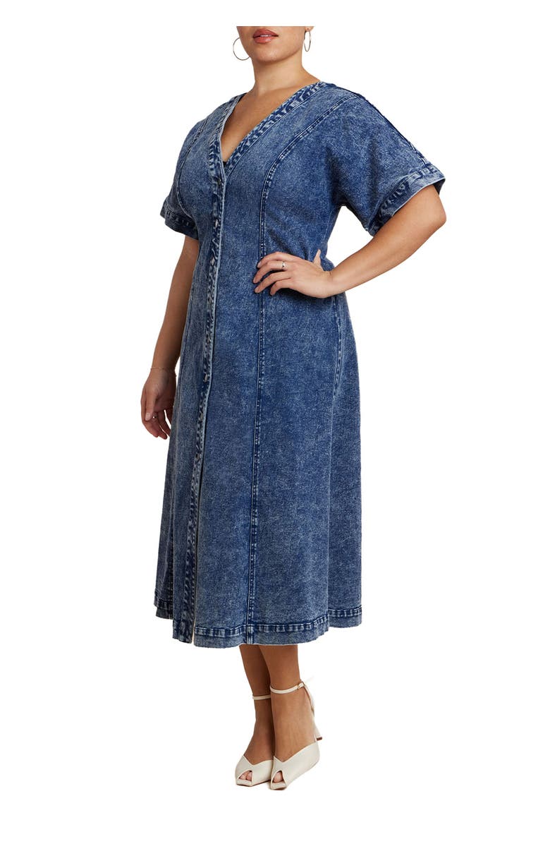 ELOQUII V Neck Flare Denim Dress, Main, color, Blue Snow Wash