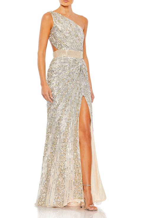 Sequined One Shoulder Draped Lace Up Gown