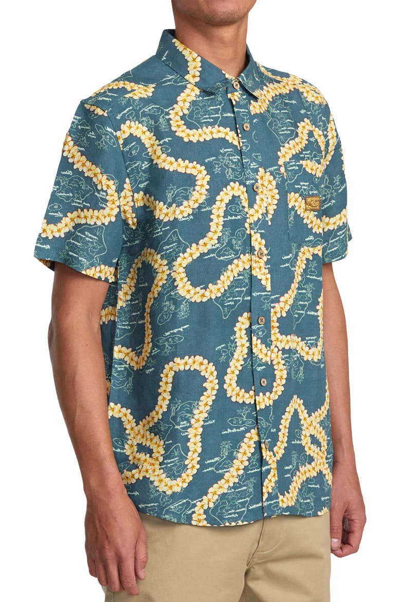 Exotica Regular Fit Floral Short Sleeve Linen Blend Button-Up Shirt, Alternate, color, DUCK BLUE