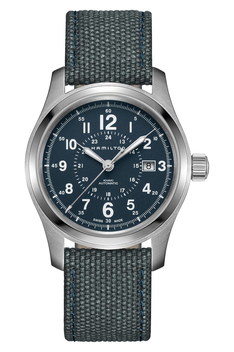 Khaki Field Automatic Canvas Strap Watch, 42mm, Main, color, BLUE/ SILVER