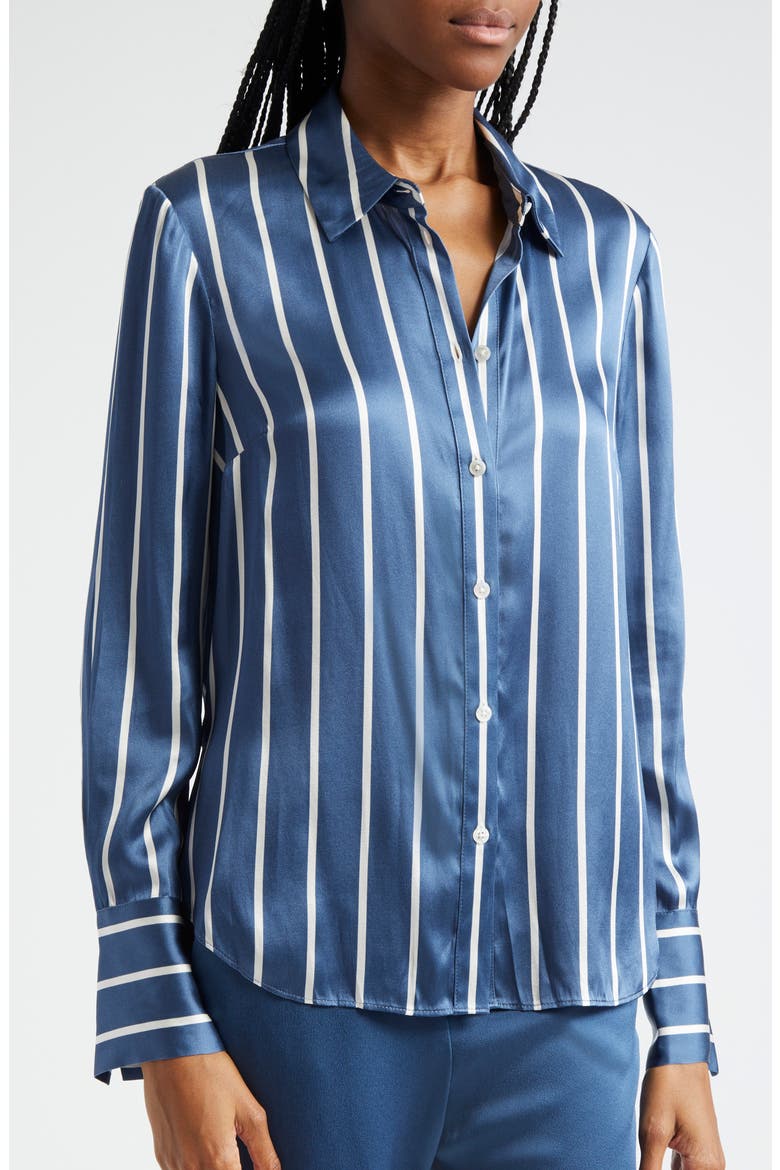 Monique Stripe Silk Blend Button-Up Shirt, Alternate, color, BLUE STONE OFF-WHITE
