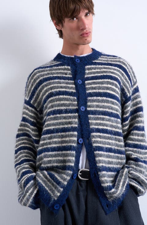 Stripe Fluffy Crewneck Cardigan