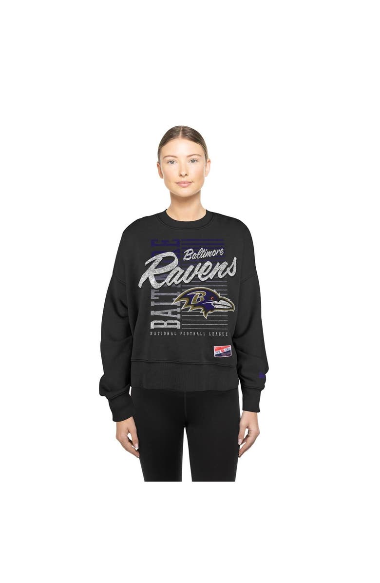 New Era Women
s New Era Black Baltimore Ravens Oversized Throwback Mineral Wash Crew Neck Sweatshirt, Alternate, color, Black