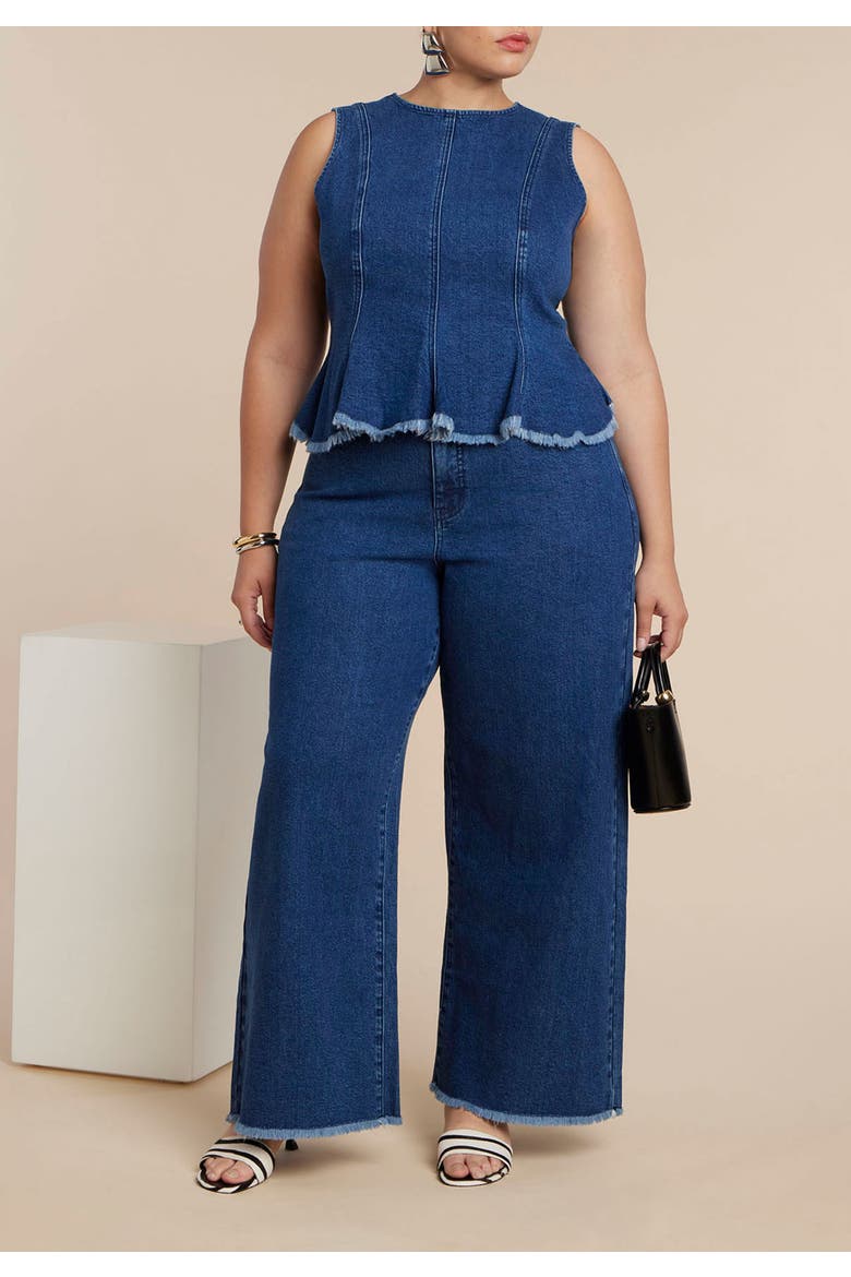 Denim Peplum Top, Alternate, color, DARK WASH