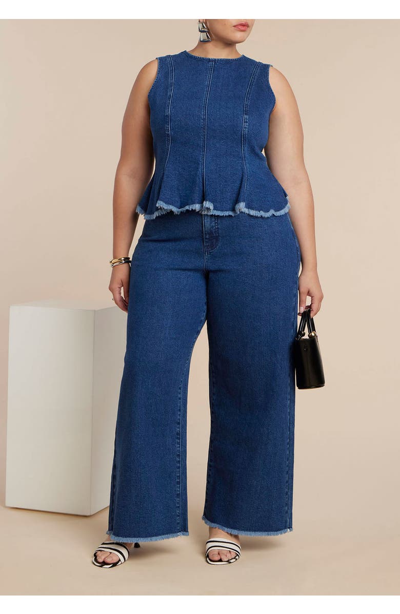 ELOQUII Denim Peplum Top, Alternate, color, Dark Wash