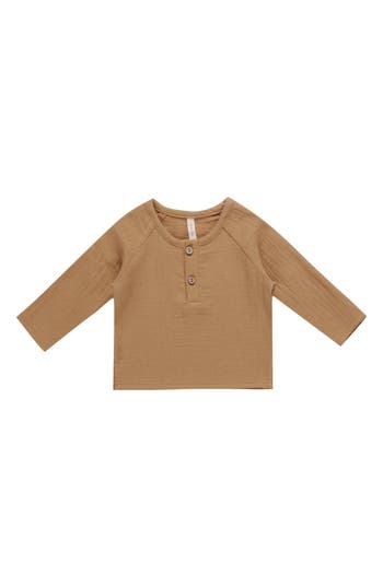 Quincy Mae Zion Organic Cotton Henley T-shirt In Brown
