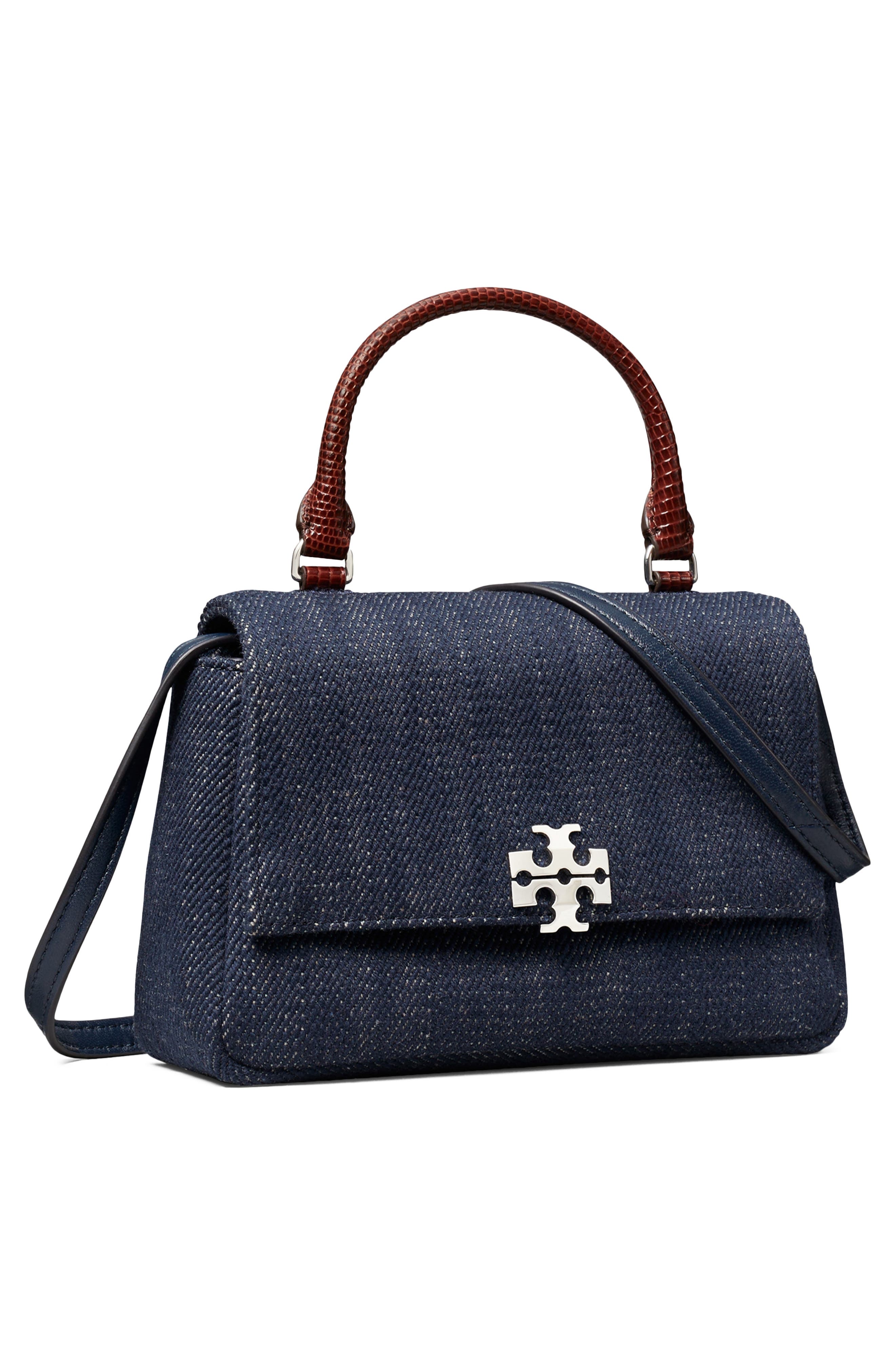 Tory Burch Charlie Denim Top Handle Bag, Alternate, color, Midnight