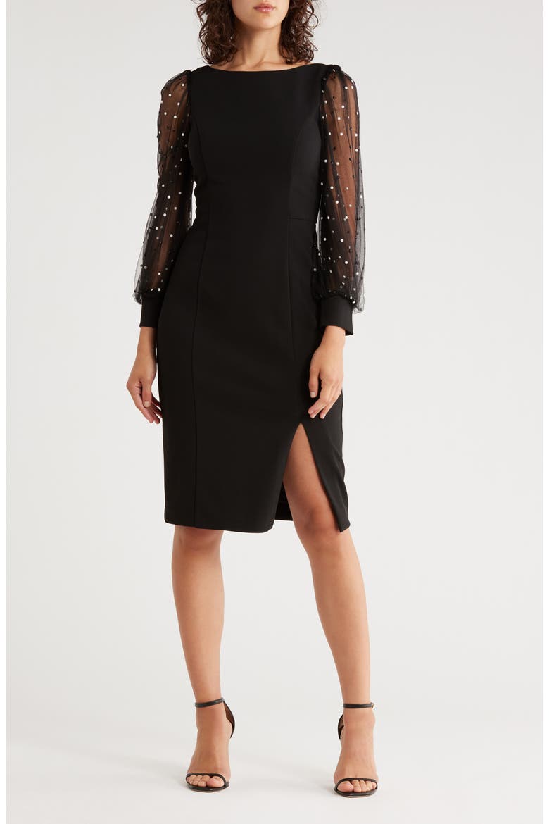 Beaded Long Sleeve Midi Sheath Dress, Main, color, BLACK