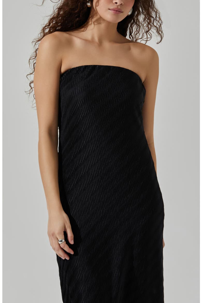 Plissé Strapless Midi Dress, Alternate, color, BLACK