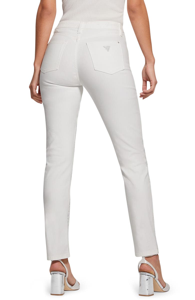 GUESS Girly Rhinestone Stretch Cotton Pants, Alternate, color, White