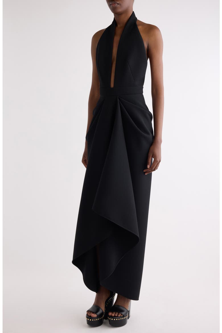 Draped Stretch Wool Blend Halter Dress, Alternate, color, BLACK