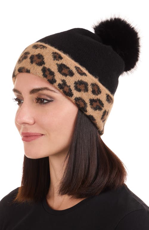 Bruno Magli Cashmere Leopard Pompom Beanie In Black