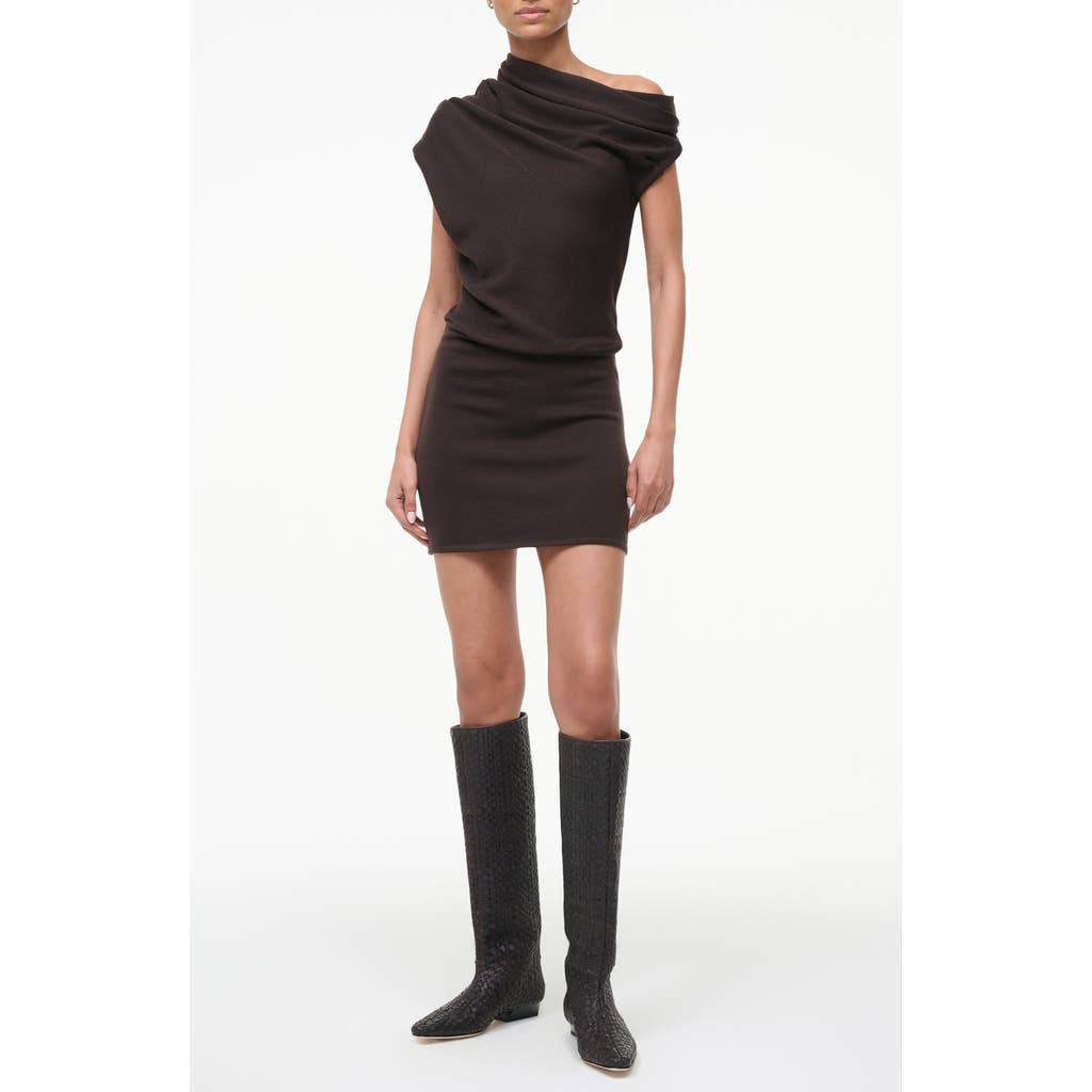 Staud Mabel One-shoulder Cap Sleeve Merino Wool Sweater Dress In Brown
