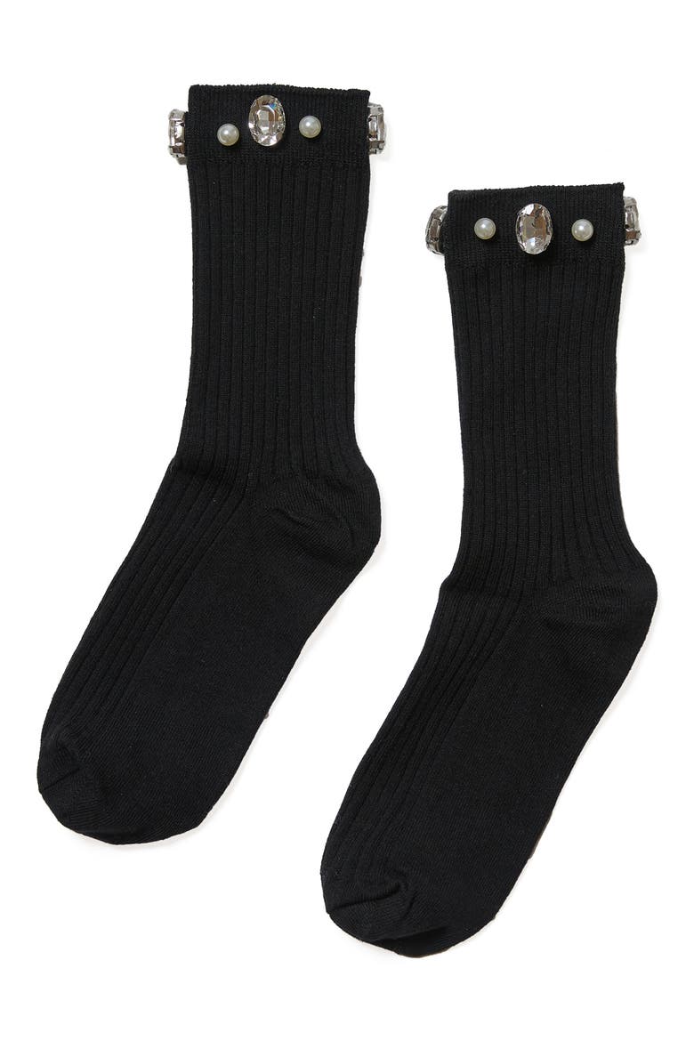 Crystal & Faux Pearl Cluster Rib Crew Socks, Main, color, BLACK