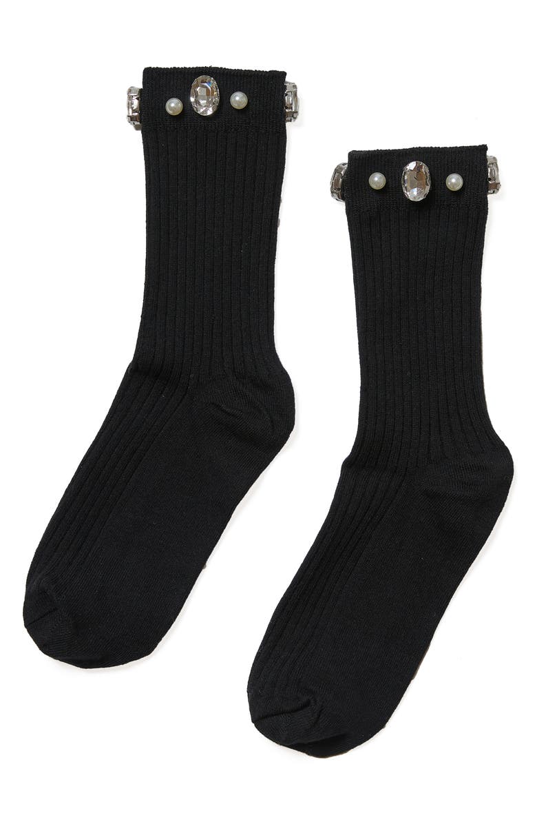 Stems Crystal & Faux Pearl Cluster Rib Crew Socks, Main, color, Black