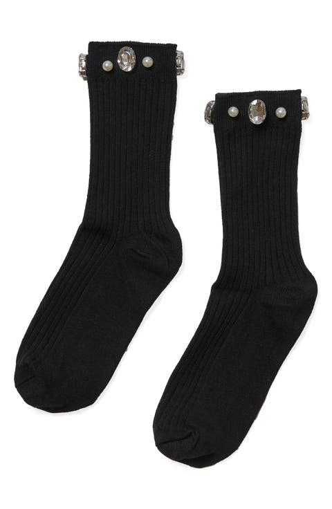 Crystal & Faux Pearl Cluster Rib Crew Socks