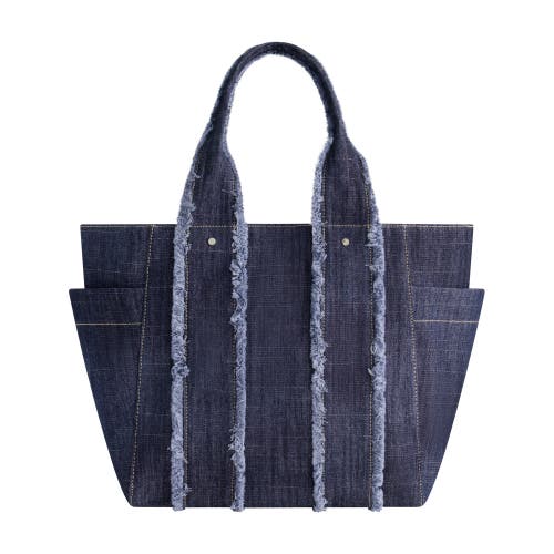 True Religion Frayed Handle Solid Denim Tote In Blue