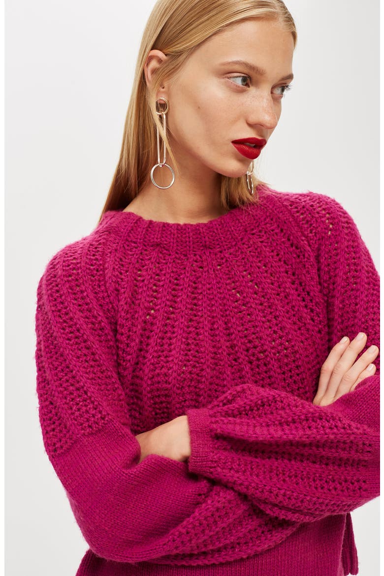 Pointelle Ball Sleeve Sweater, Alternate, color, PURPLE