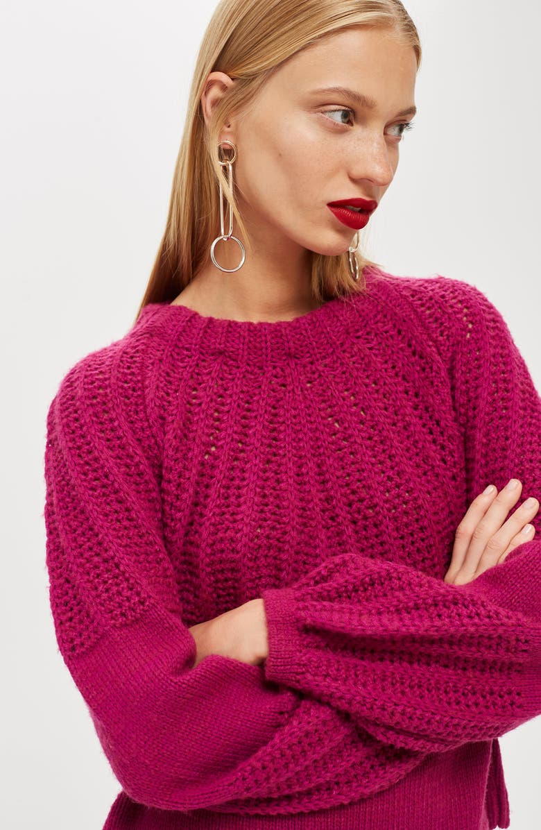 Topshop Pointelle Ball Sleeve Sweater, Alternate, color,