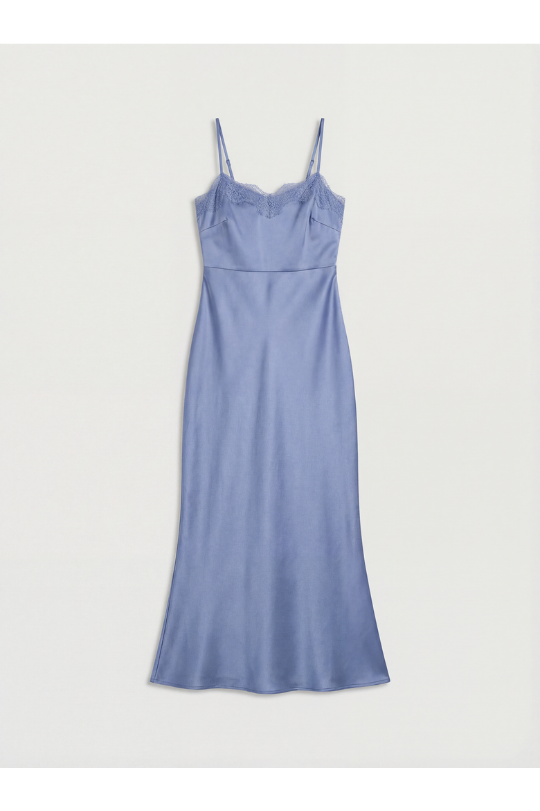 Lace Trim Strappy Satin Bridesmaid Dress, Alternate, color, Blue
