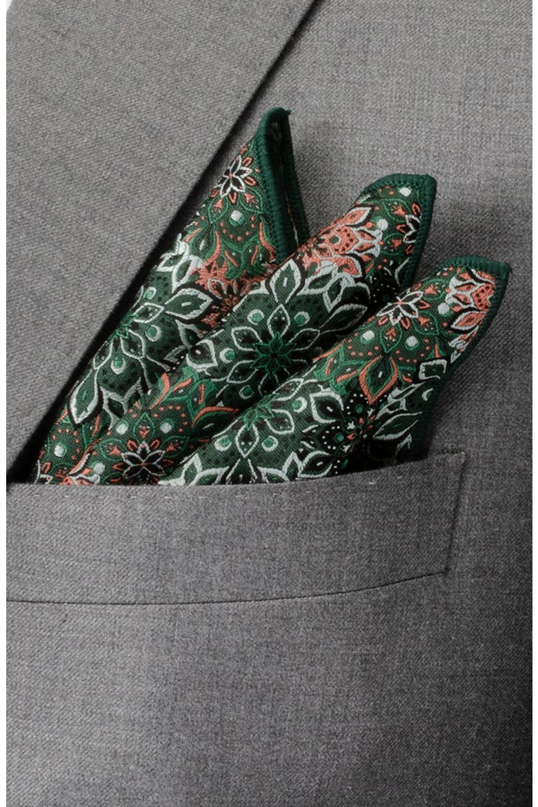 Green Floral Silk Pocket Square, Alternate, color, GREEN/BLACK