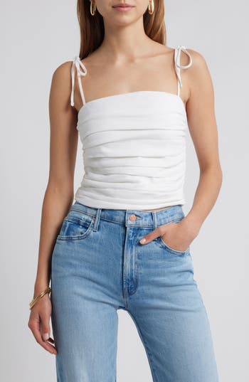 Open Edit Tie Strap Linen Blend Tank In White