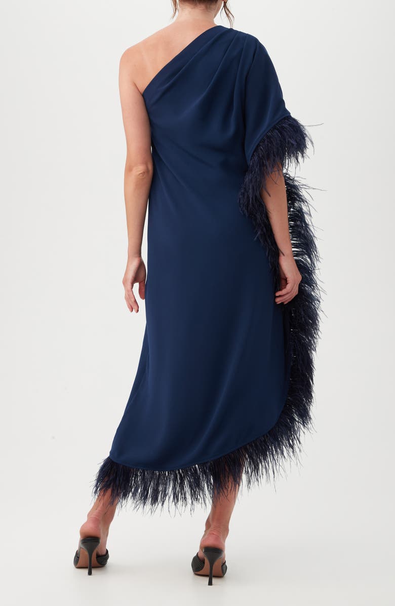 Trina Turk Largo One-Shoulder Feather Trim Caftan Maxi Dress, Alternate, color, Ink