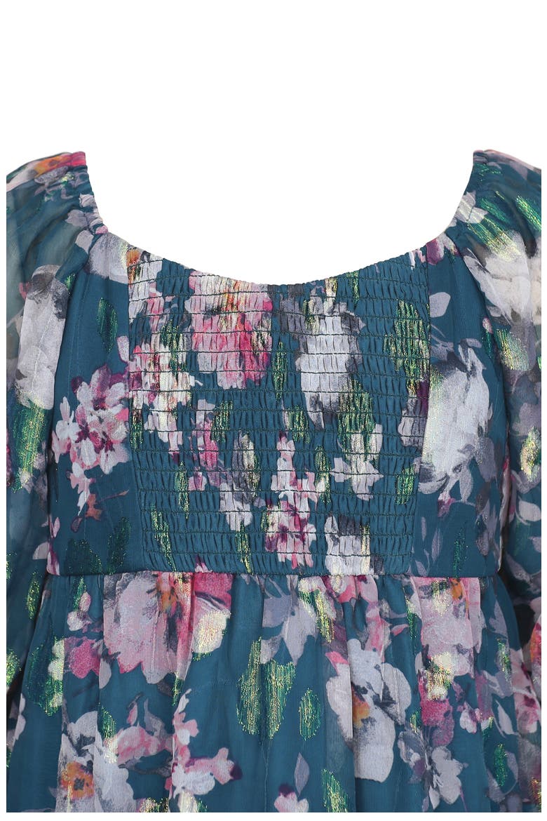 Kids' Metallic Floral Tiered Long Sleeve Babydoll Dress, Alternate, color, TEAL MULTI