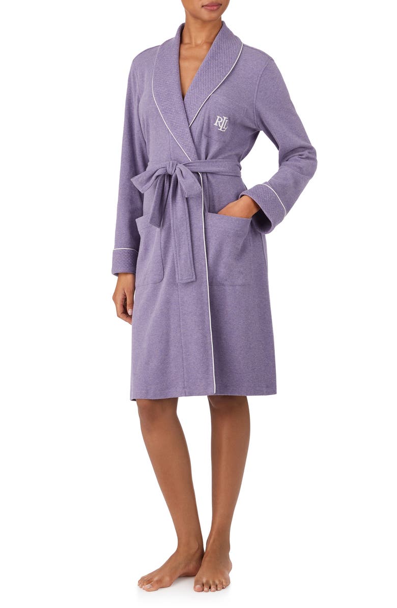 Lauren Ralph Lauren Quilted Collar Short Cotton Robe, Alternate, color, Purple