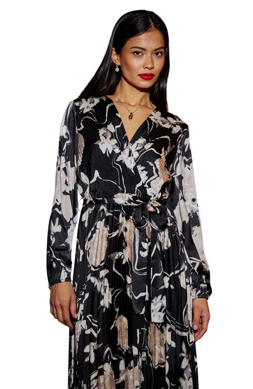 Yumi Floral Satin Long Sleeve Midi Dress In Black
