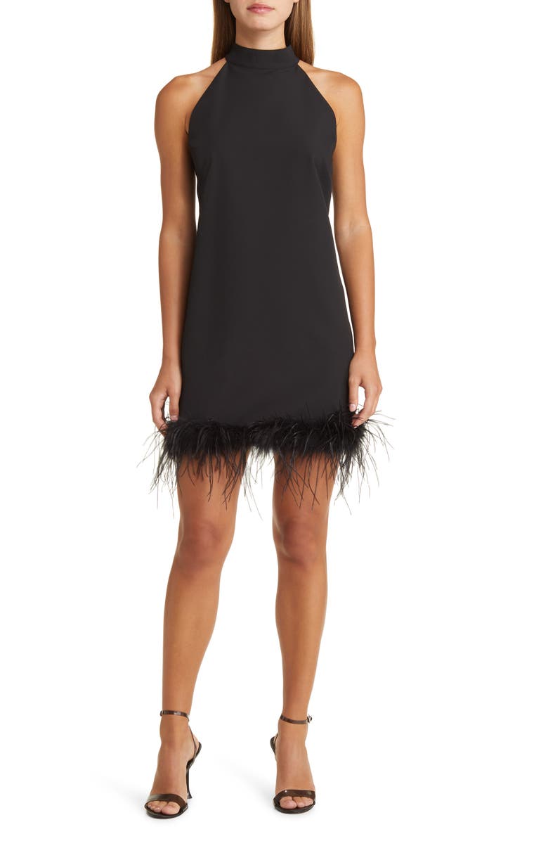 Sam Edelman Halter Neck Feather Trim Cocktail Dress, Main, color,
