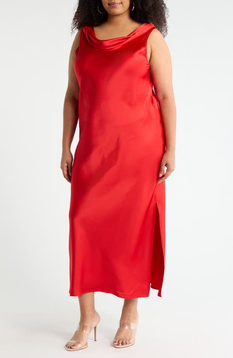 Cowl Neck Satin Maxi Dress (Plus)