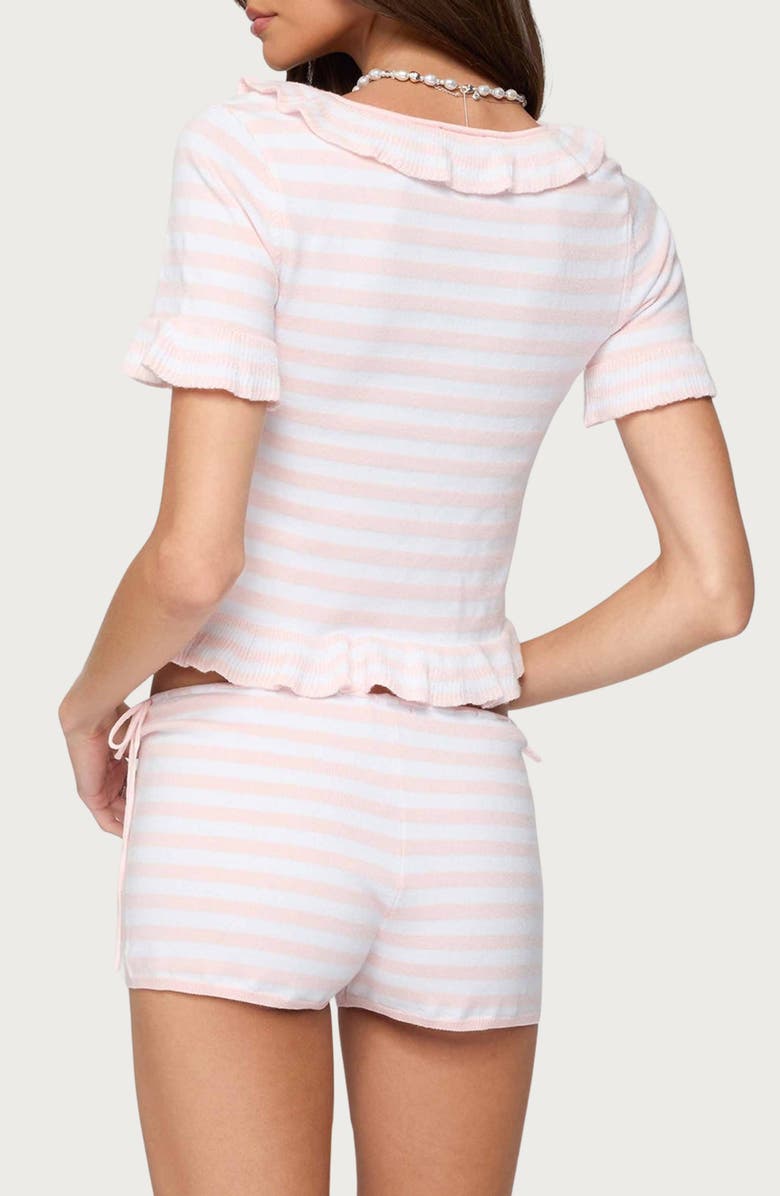 EDIKTED Janelle Stripe Ruffle Crop Tie Front Top, Alternate, color, Light-Pink