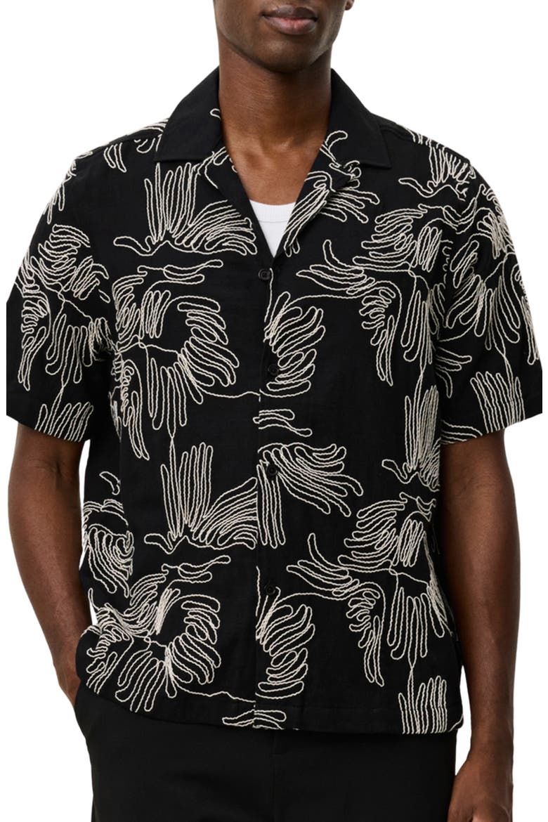 Liam Floral Embroidered Camp Shirt, Main, color, BLACK