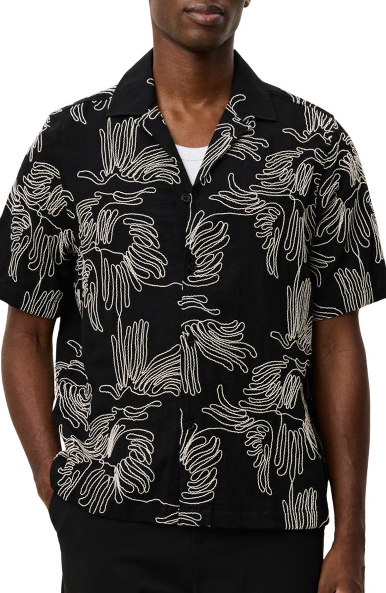 Les Deux Liam Floral Embroidered Camp Shirt, Main, color, Black