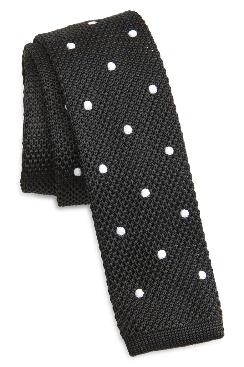 Black Polka Dot Knit Silk Tie, Main, color, BLACK