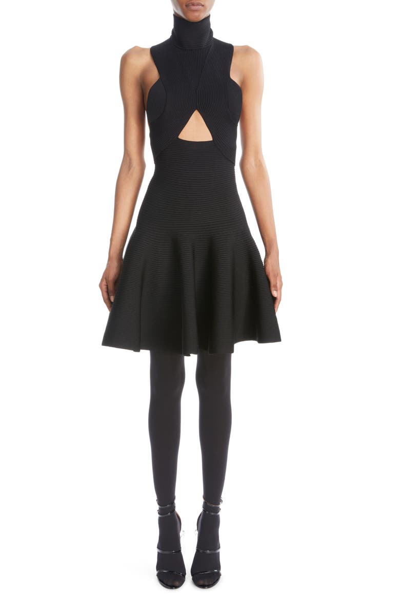 Alaïa Circular Cutout Turtleneck Rib Sweater Dress, Main, color,