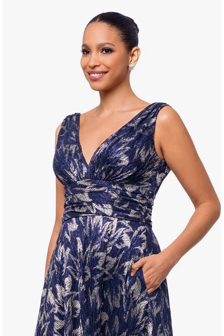 Metallic Floral A-Line Gown, Alternate, color, NAVY/ GUNMETAL